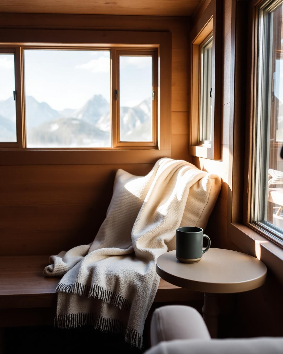 Sunlit mountain cabin sitting nook with a linen throw and view of the Tetons