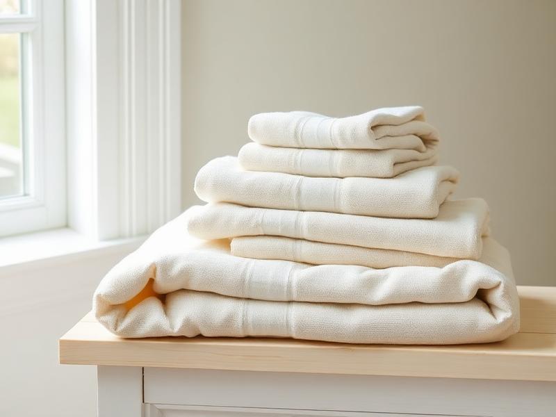 Neatly folded linen towels on a wooden bench